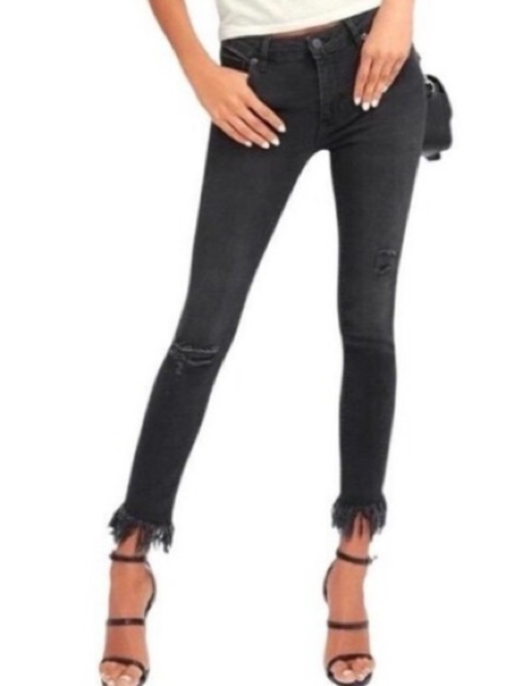 Free People Great Heights Washed Black Frayed Skinny Jeans Size 30 Distressed